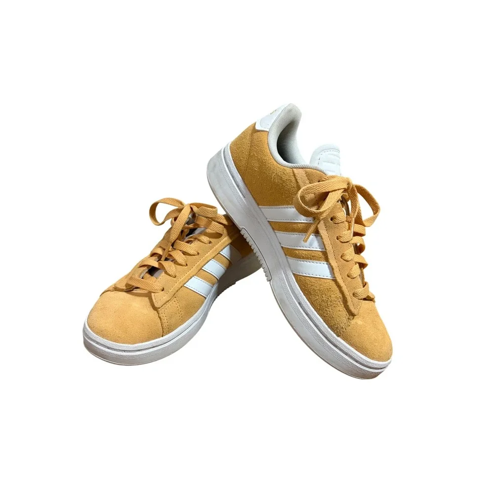 Adidas Grand Court Mustard Yellow Suede Sneakers White Stripes Womens RARE 6.5